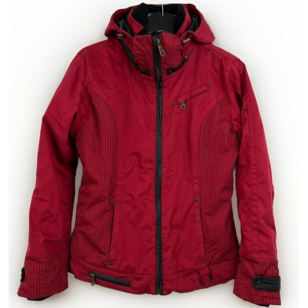 NILS Insulated Dark Red Ski Jacket Black Top Stitch Removable Hood Women 6 Snow